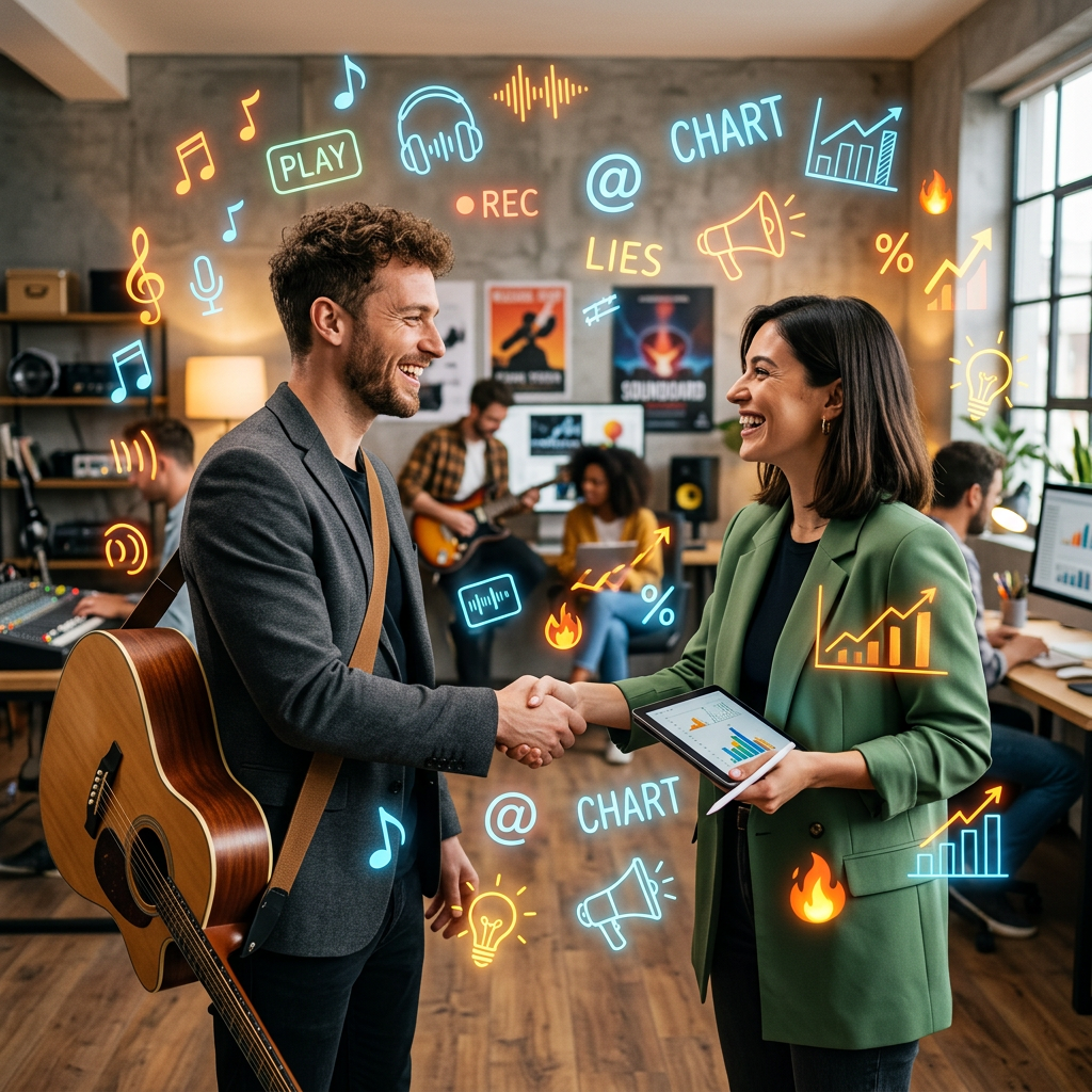 Musician with guitar shaking hands with businesswoman holding tablet showing charts and graphs