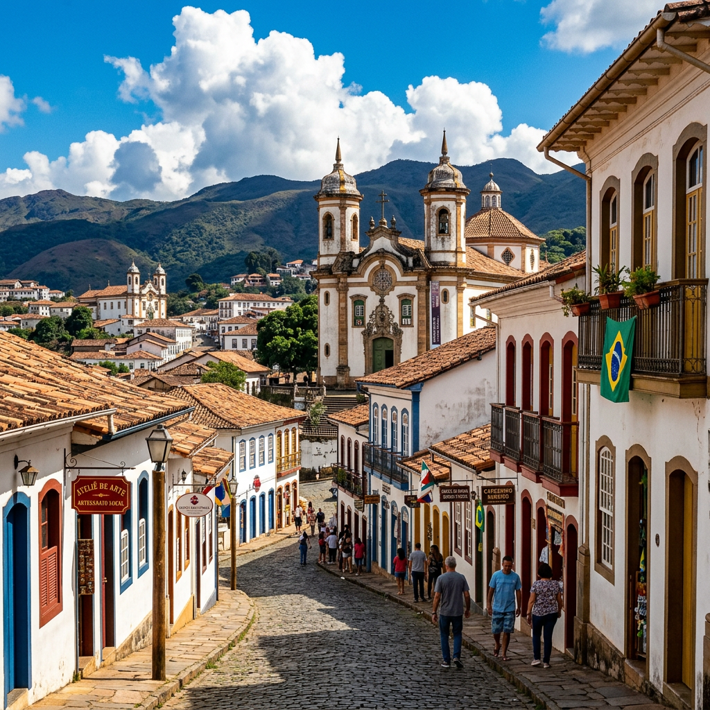 Cobblestone street lined with colonial buildings leading to a historic church with twin towers and mountains in background