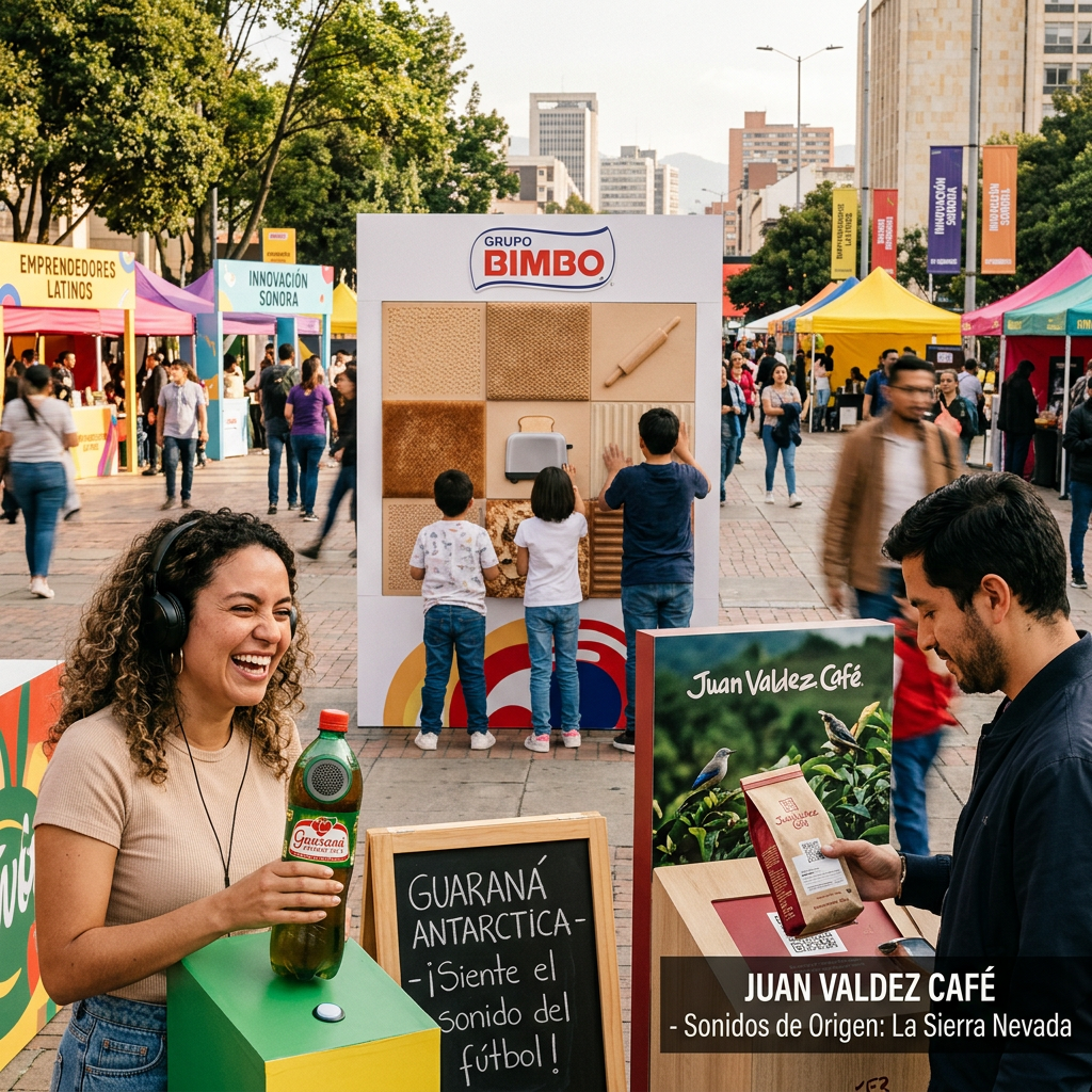 Outdoor fair with people, food stalls, Grupo Bimbo display, and Juan Valdez Café stand