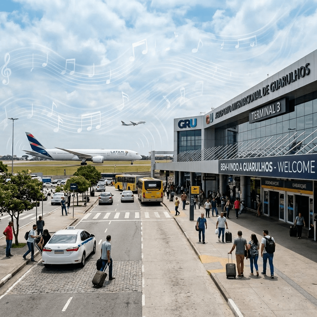 People walking and vehicles outside Terminal 3 at Guarulhos International Airport with airplanes on runway