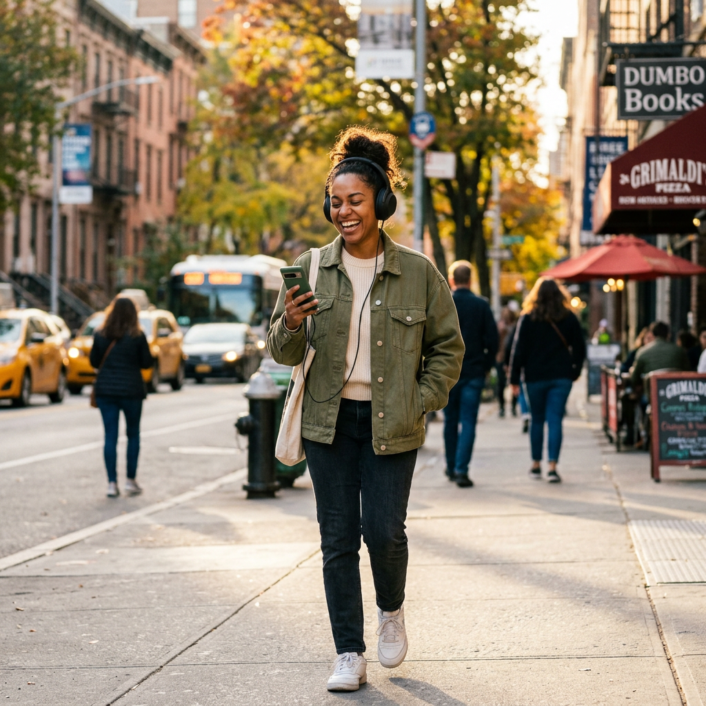 Person walking city, enjoying music from phone