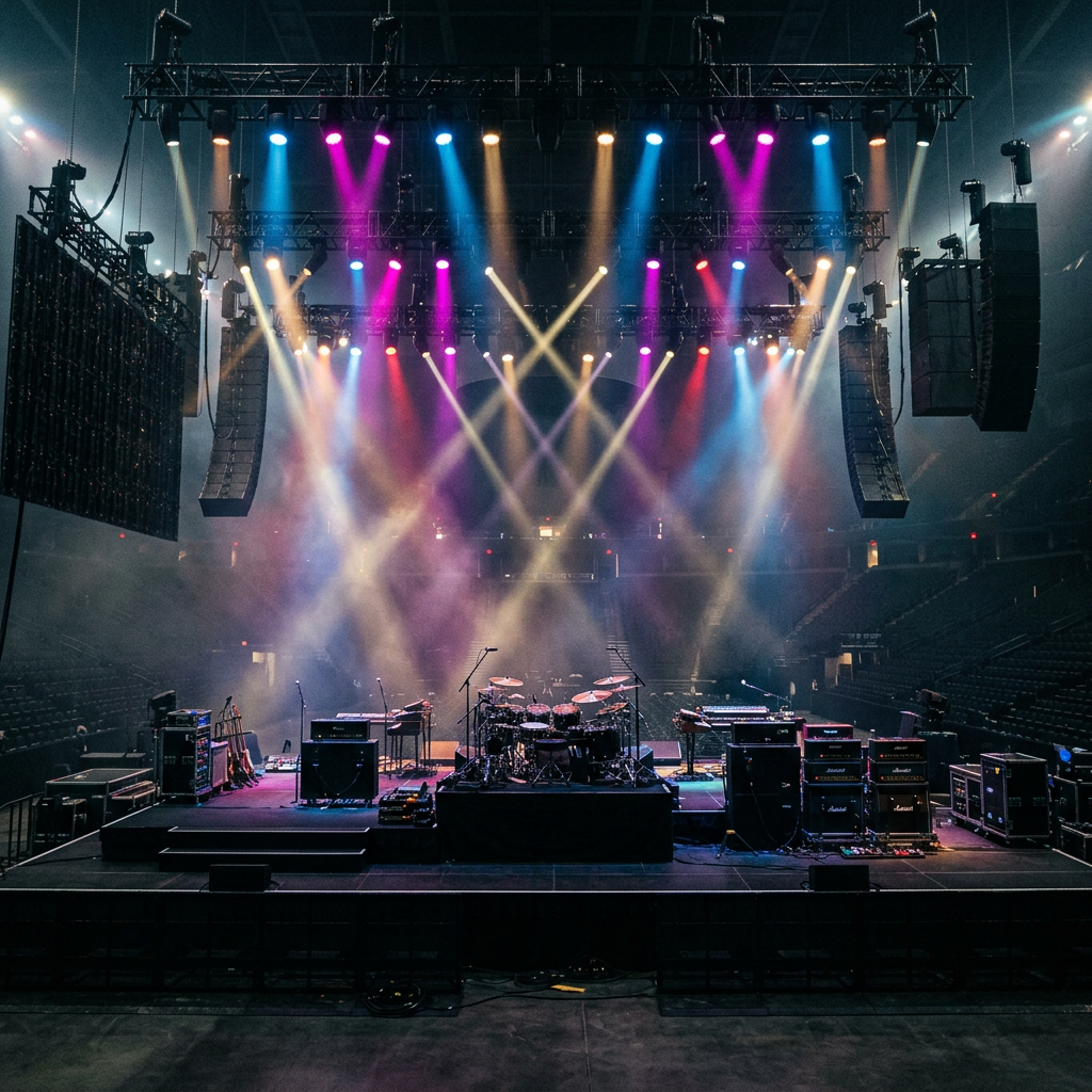 Empty concert stage with drum kit, guitars, amplifiers, and colorful spotlights