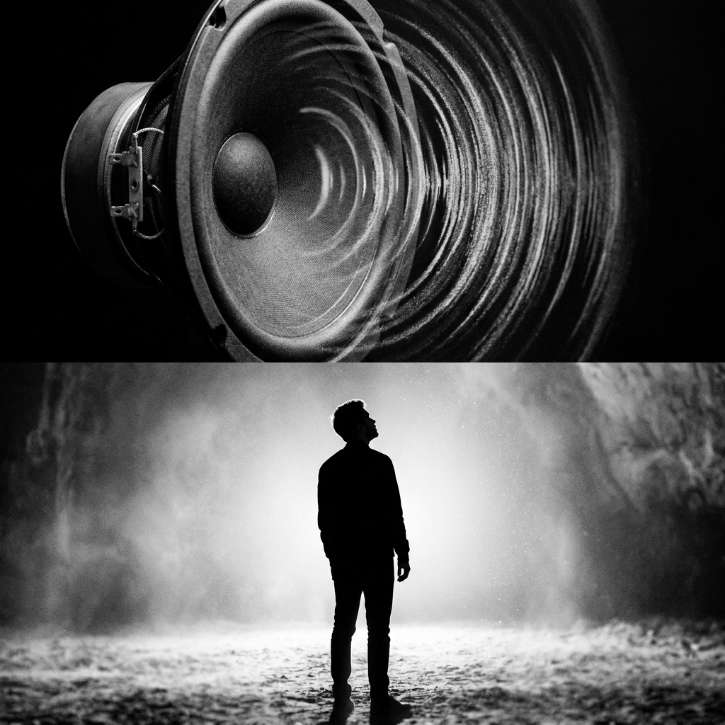 Close-up of a speaker cone overlapping with silhouette of a person standing in mist