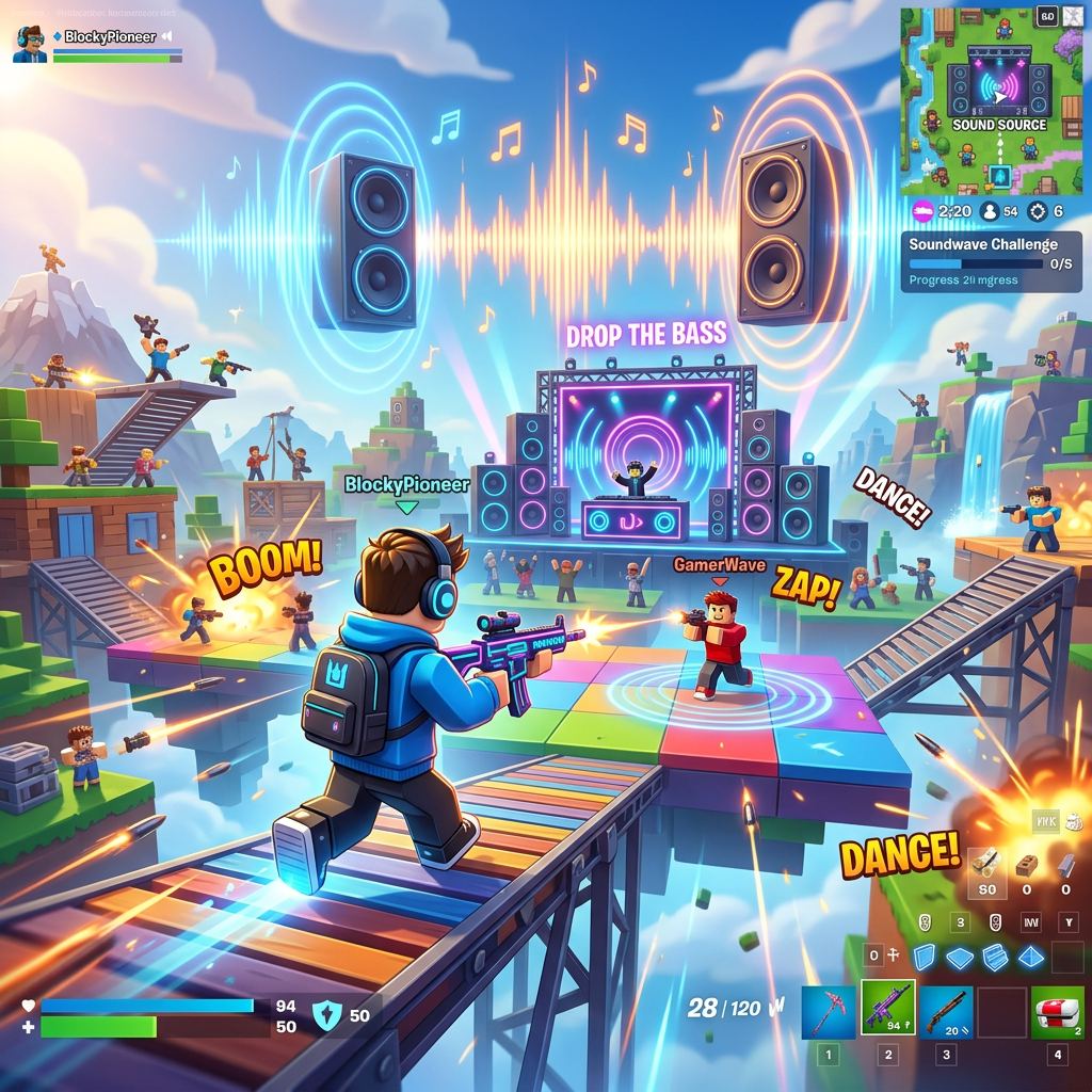 Two players shoot at each other on a colorful stage with a DJ and speakers playing music