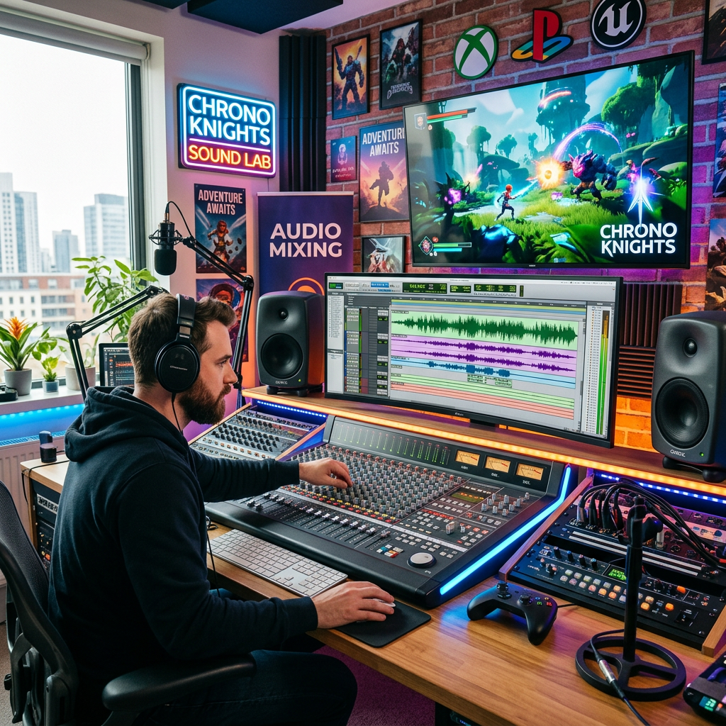Man wearing headphones mixing audio on a console with Chrono Knights game on screen