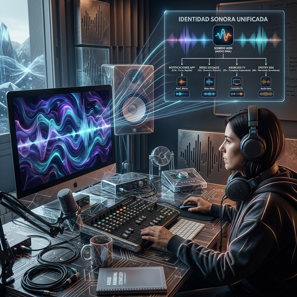 Sound designer at audio workstation beside diagram reading “IDENTIDAD SONORA UNIFICADA” and “SONIDO ADN (AUDIO DNA),” with labels “NOTIFICACIONES APP,” “REDES SOCIALES,” “ANUNCIOS TV,” “SPOTIFY ADS,” “Notif. Alerta,” “Video Reel,” “Cortinilla TV,” and “Audio Intro.”