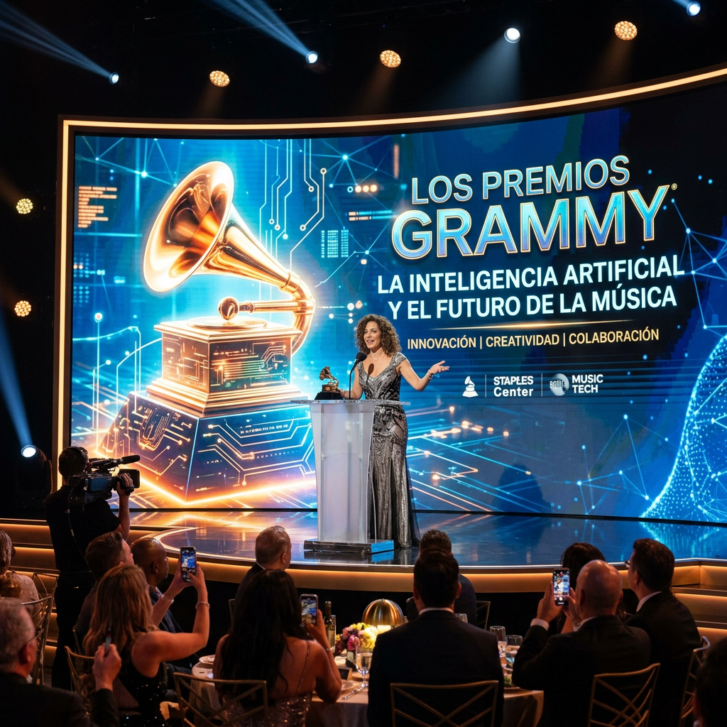 Speaker at podium beside screen reading “LOS PREMIOS GRAMMY,” “LA INTELIGENCIA ARTIFICIAL Y EL FUTURO DE LA MÚSICA,” and “INNOVACIÓN | CREATIVIDAD | COLABORACIÓN.”