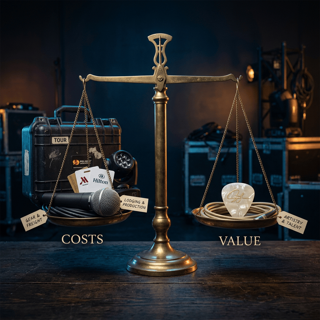Balance scale labeled COSTS and VALUE, with touring gear, Hilton card, microphone, cables, and artistry labels.