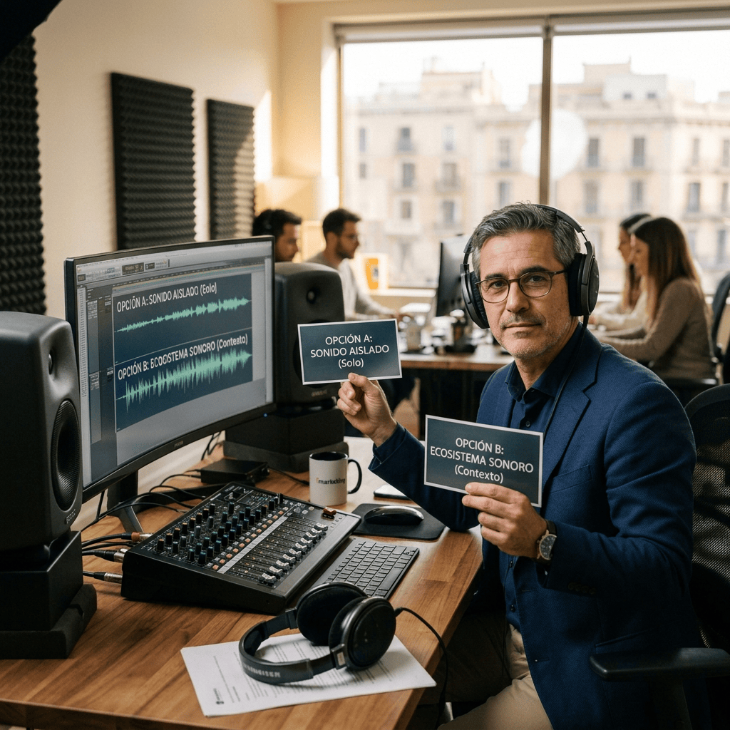 Audio producer comparing “OPCIÓN A: SONIDO AISLADO (Eolo)” and “OPCIÓN B: ECOSISTEMA SONORO (Contexto)”