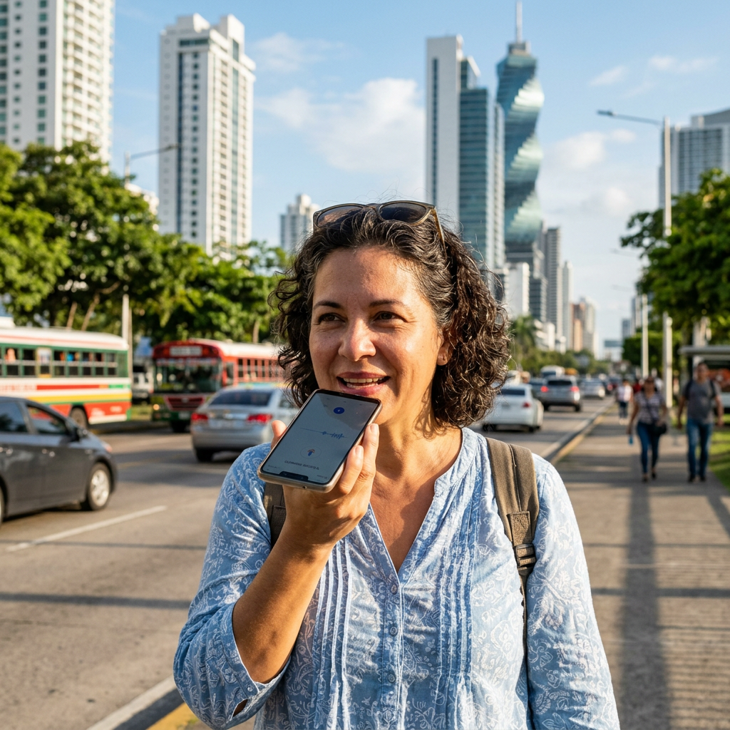 Woman speaking into a smartphone on a busy city street