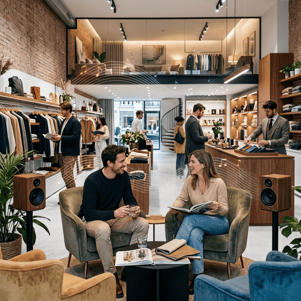 Aurora store interior with people, speakers, musical notes, and text “SOUNDSCAPES FOR WELLBEING • CURATED HARMONY.”